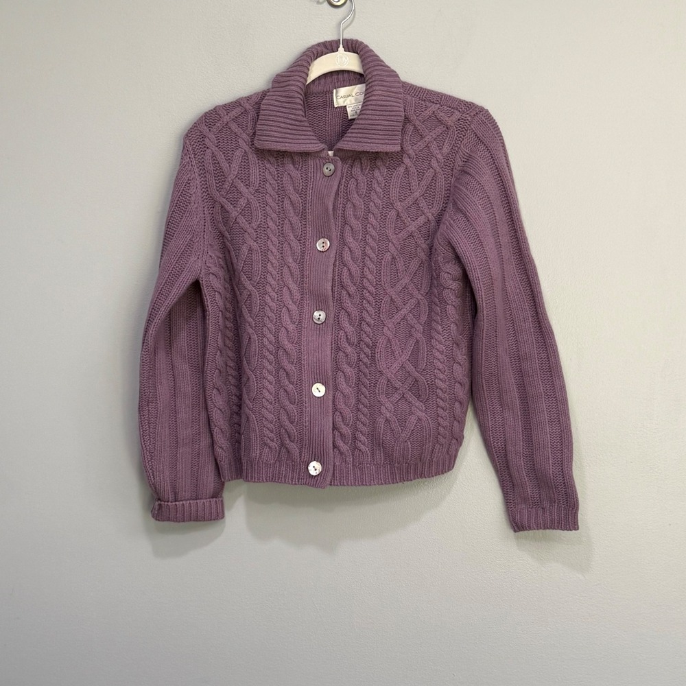 VTG Casual Corner Purple 100% Lambswool Cable Knit Cardigan Sweater Cottagecore